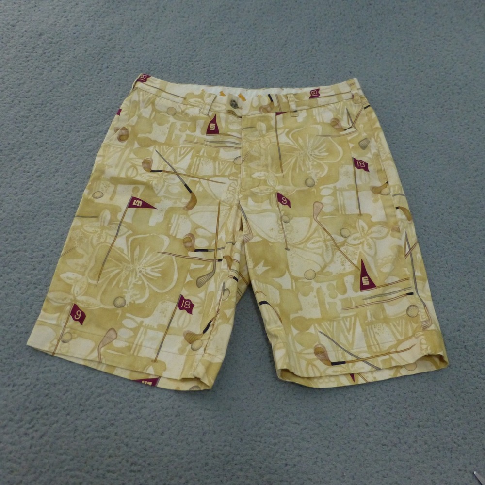 Loudmouth Golf Shorts Mens 36 Tan Floral Golf Club Flag Novelty Print Stretch